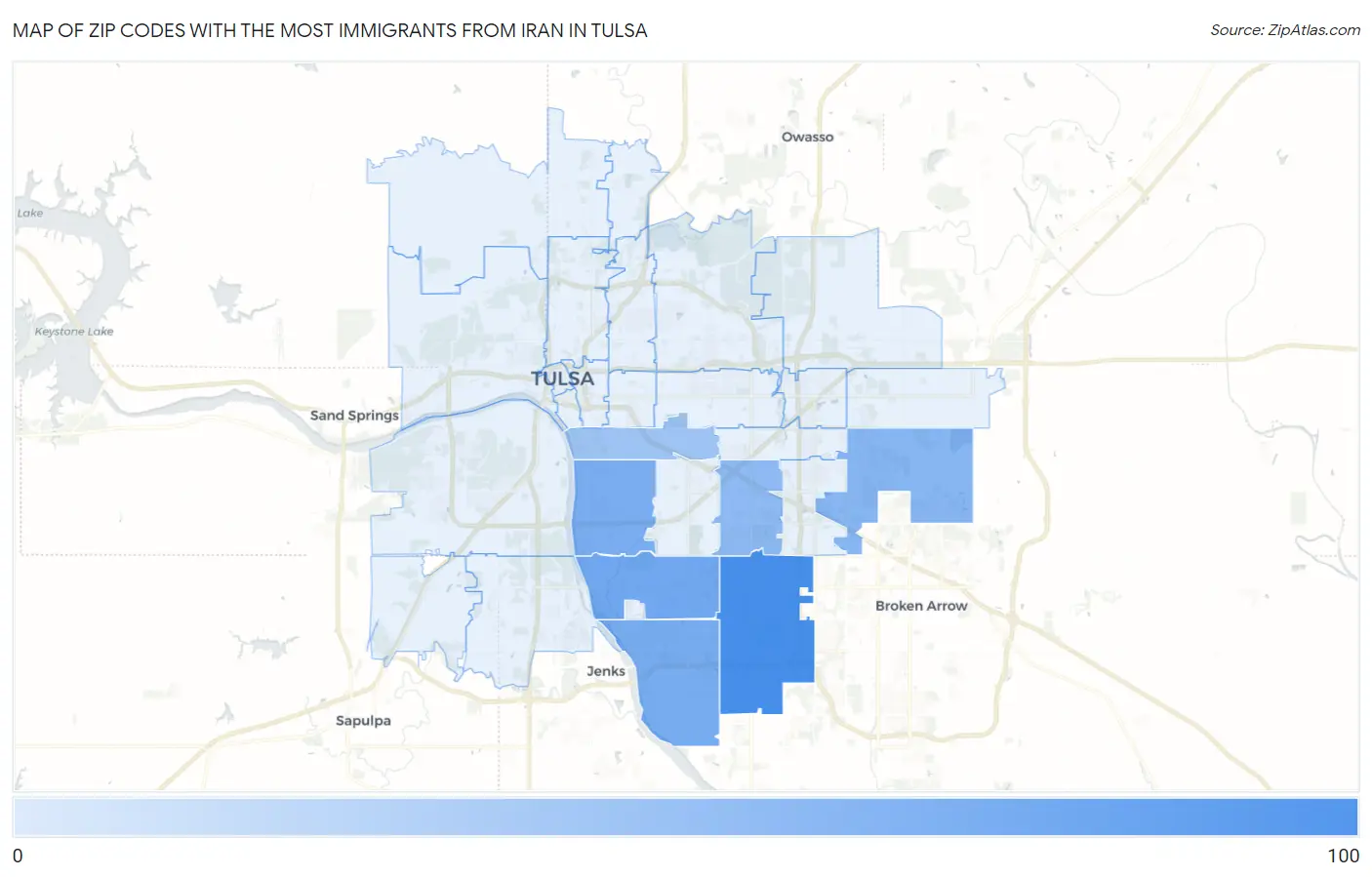 Zip Codes with the Most Immigrants from Iran in Tulsa Map