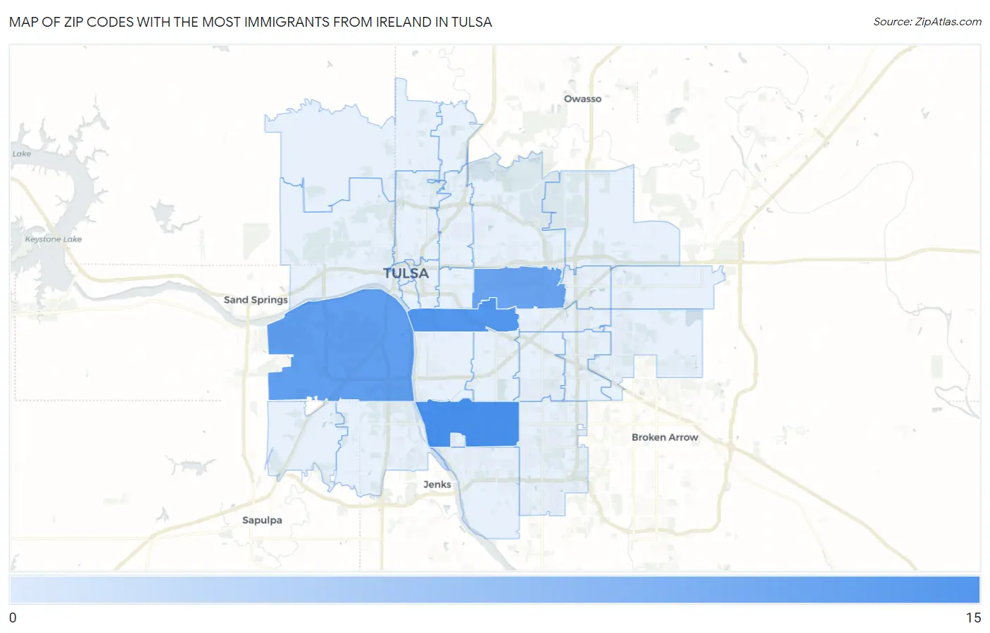 Zip Codes with the Most Immigrants from Ireland in Tulsa Map