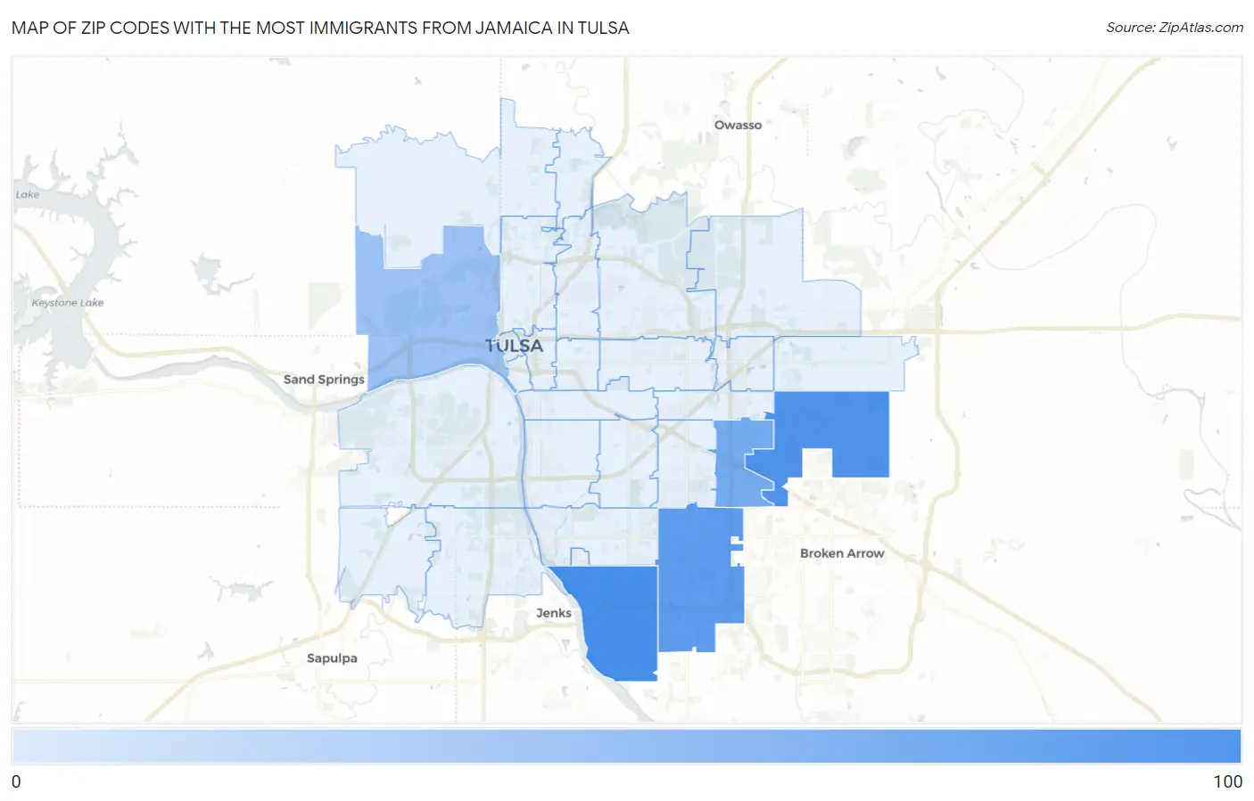 Zip Codes with the Most Immigrants from Jamaica in Tulsa Map