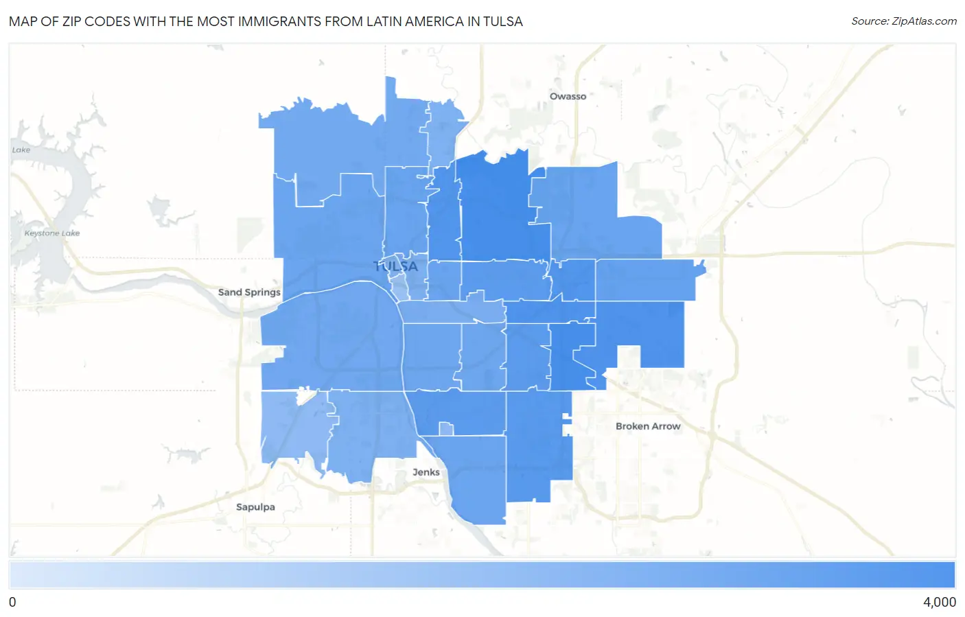 Zip Codes with the Most Immigrants from Latin America in Tulsa Map
