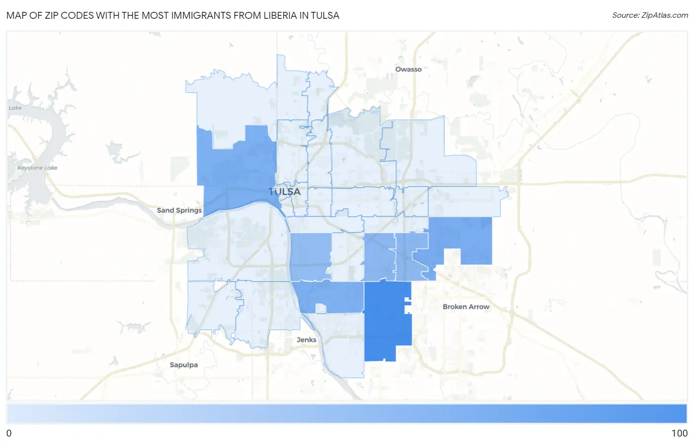 Zip Codes with the Most Immigrants from Liberia in Tulsa Map