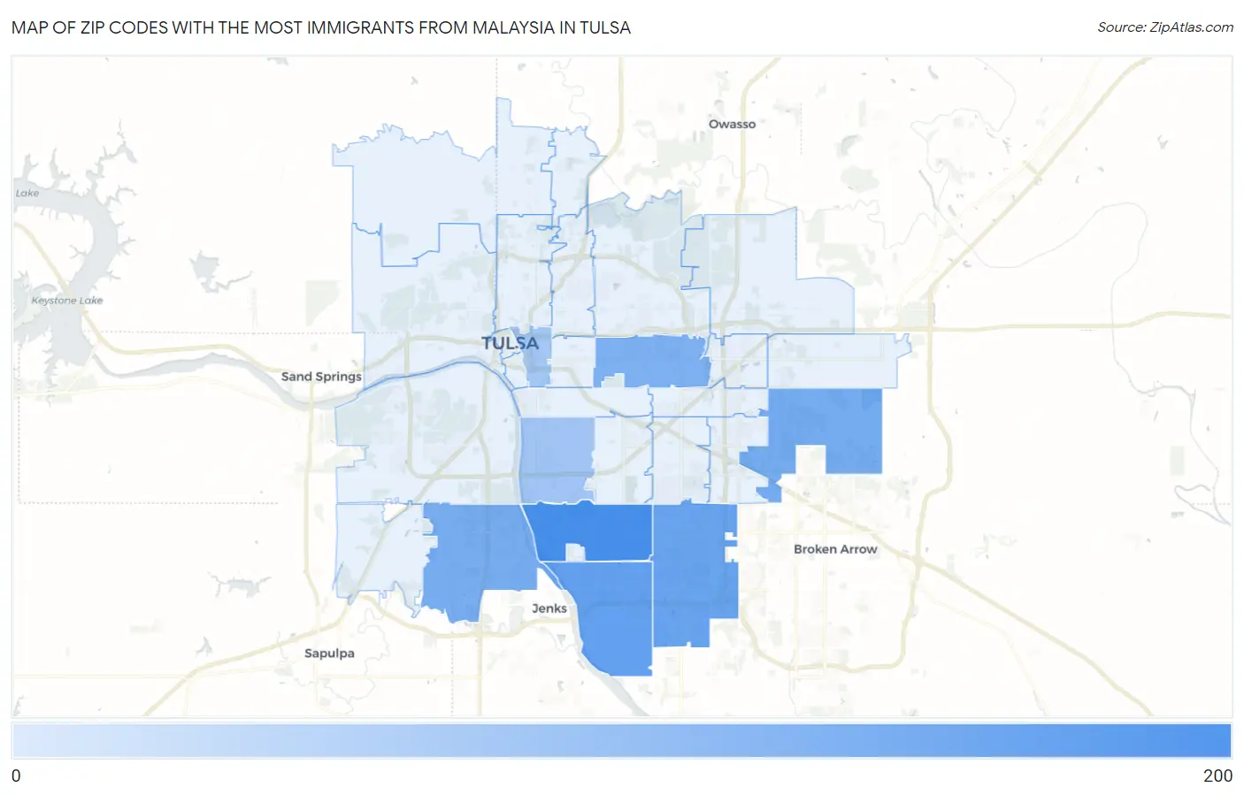 Zip Codes with the Most Immigrants from Malaysia in Tulsa Map