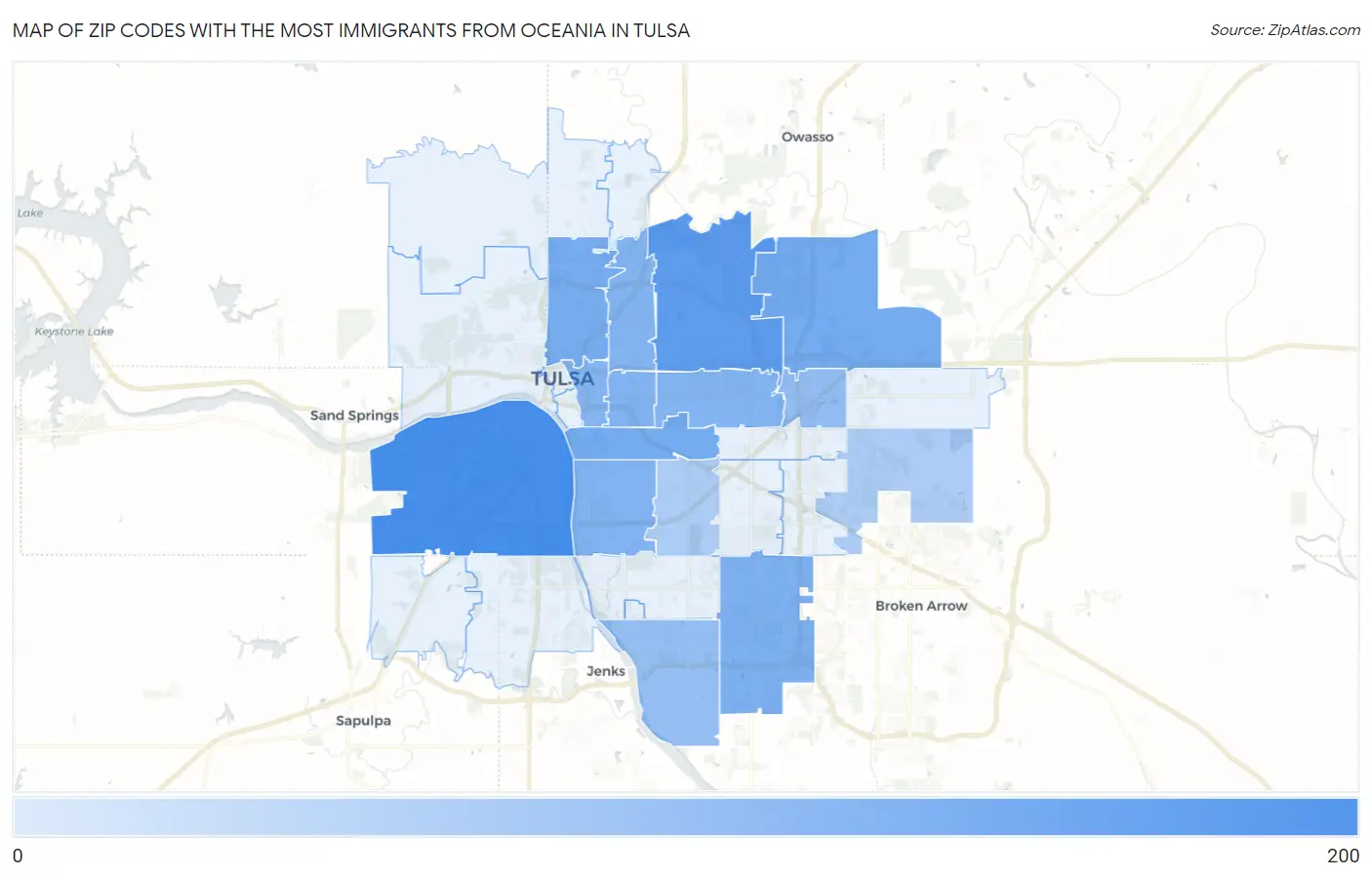 Zip Codes with the Most Immigrants from Oceania in Tulsa Map