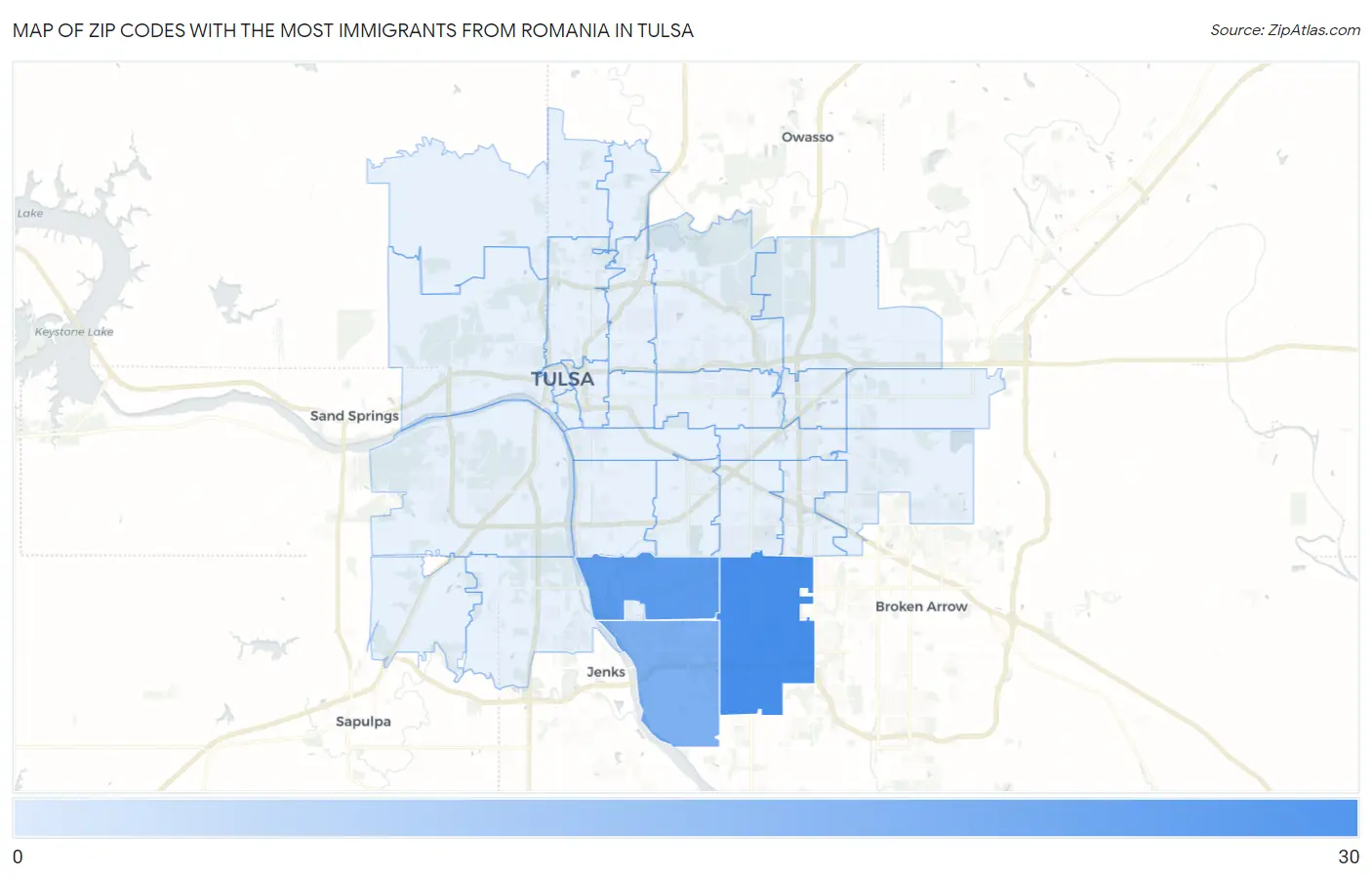 Zip Codes with the Most Immigrants from Romania in Tulsa Map
