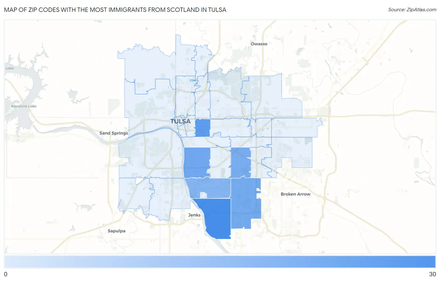 Zip Codes with the Most Immigrants from Scotland in Tulsa Map