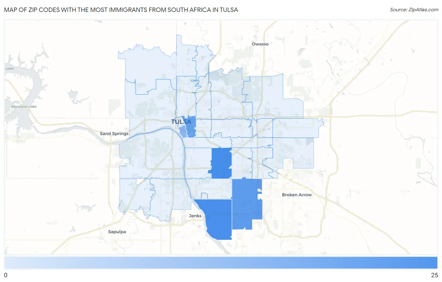 Zip Codes with the Most Immigrants from South Africa in Tulsa Map