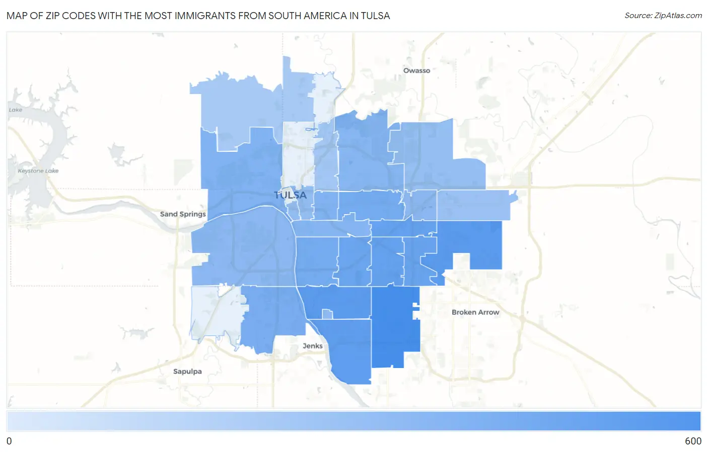 Zip Codes with the Most Immigrants from South America in Tulsa Map