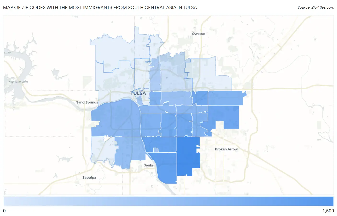 Zip Codes with the Most Immigrants from South Central Asia in Tulsa Map