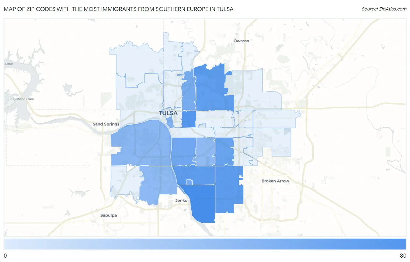 Zip Codes with the Most Immigrants from Southern Europe in Tulsa Map