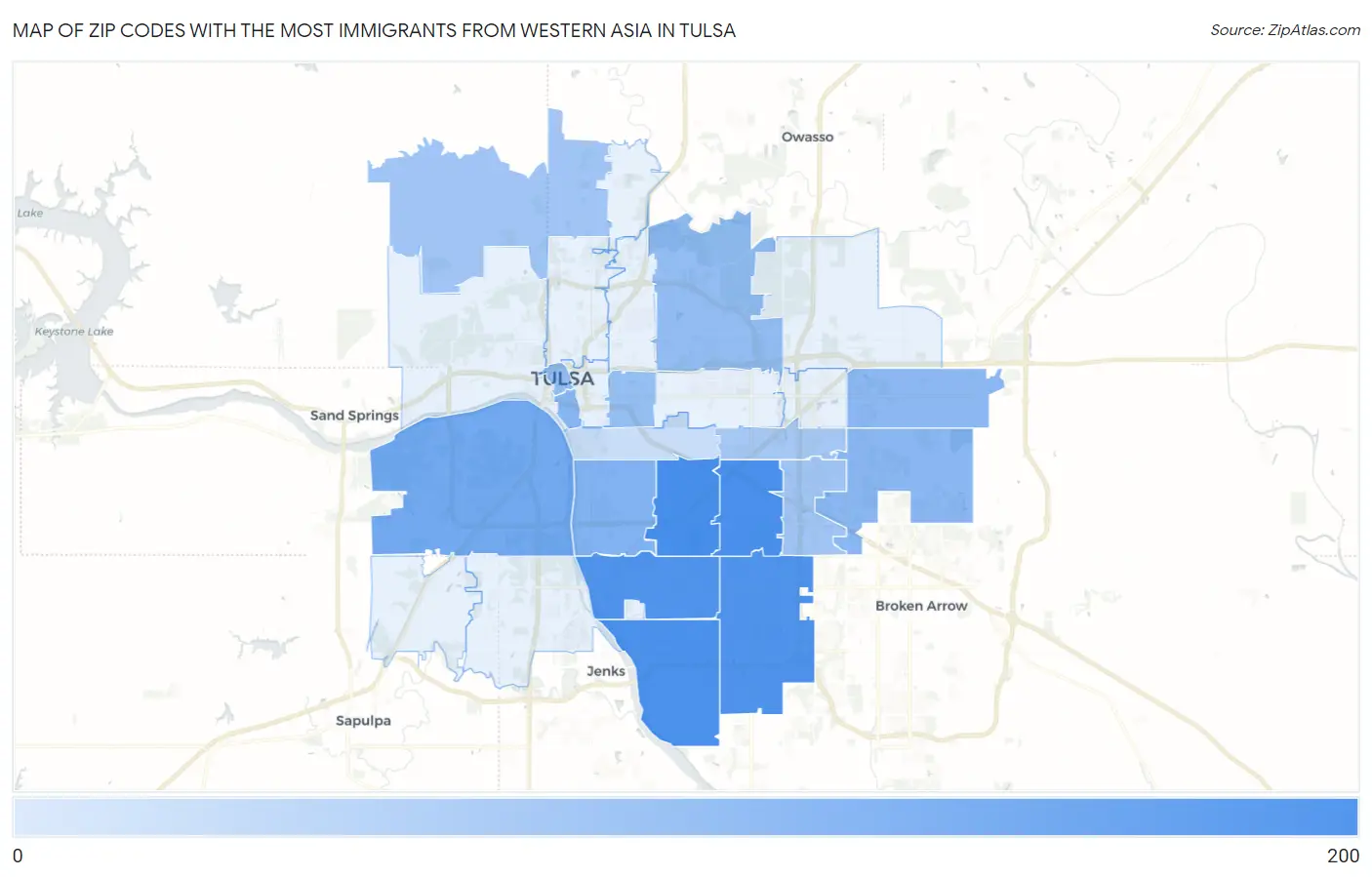 Zip Codes with the Most Immigrants from Western Asia in Tulsa Map