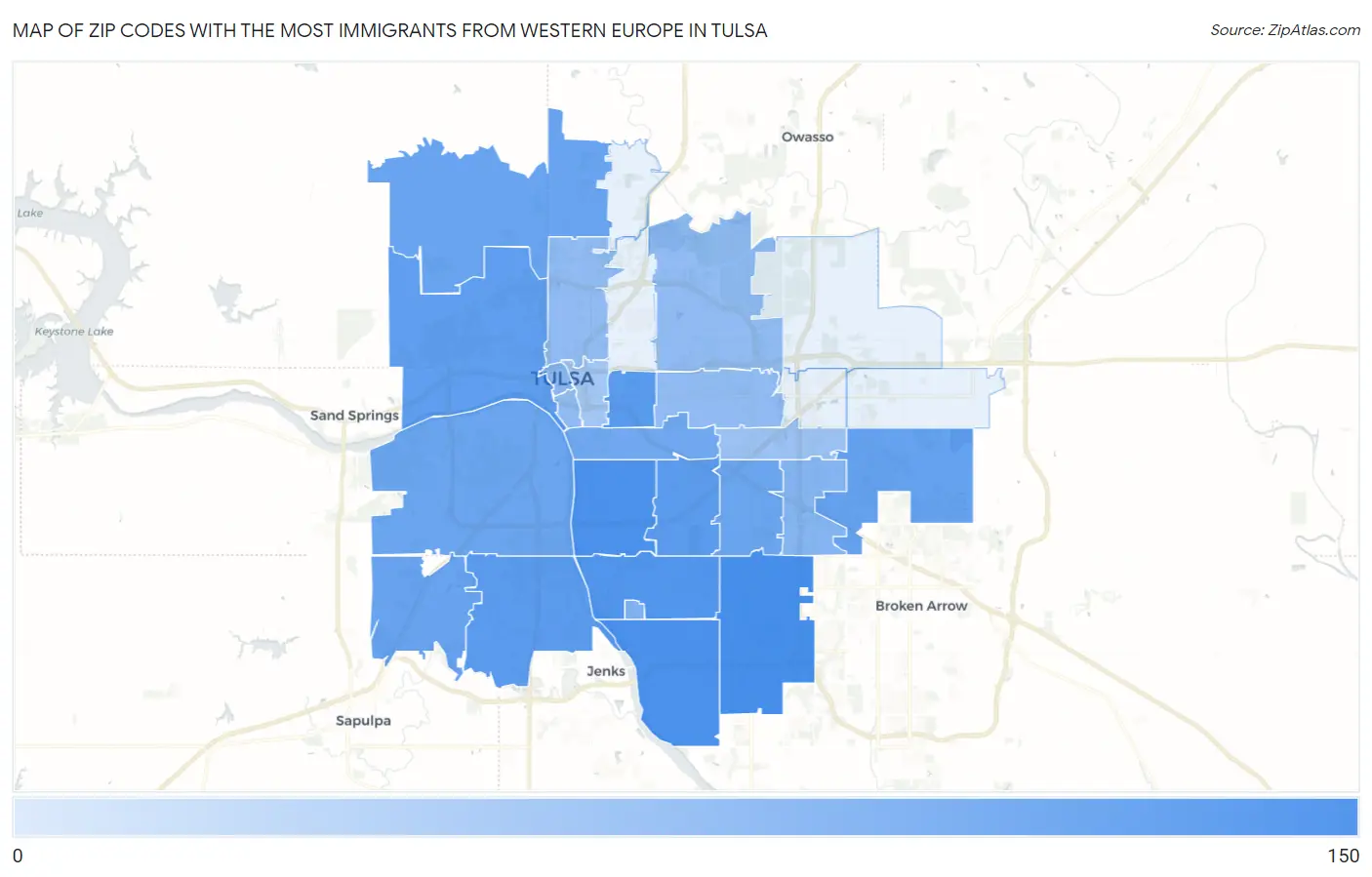 Zip Codes with the Most Immigrants from Western Europe in Tulsa Map