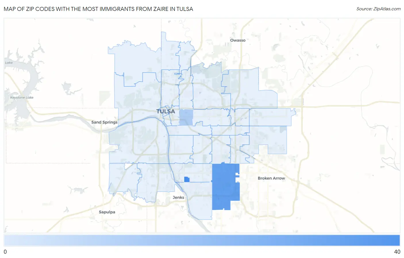 Zip Codes with the Most Immigrants from Zaire in Tulsa Map