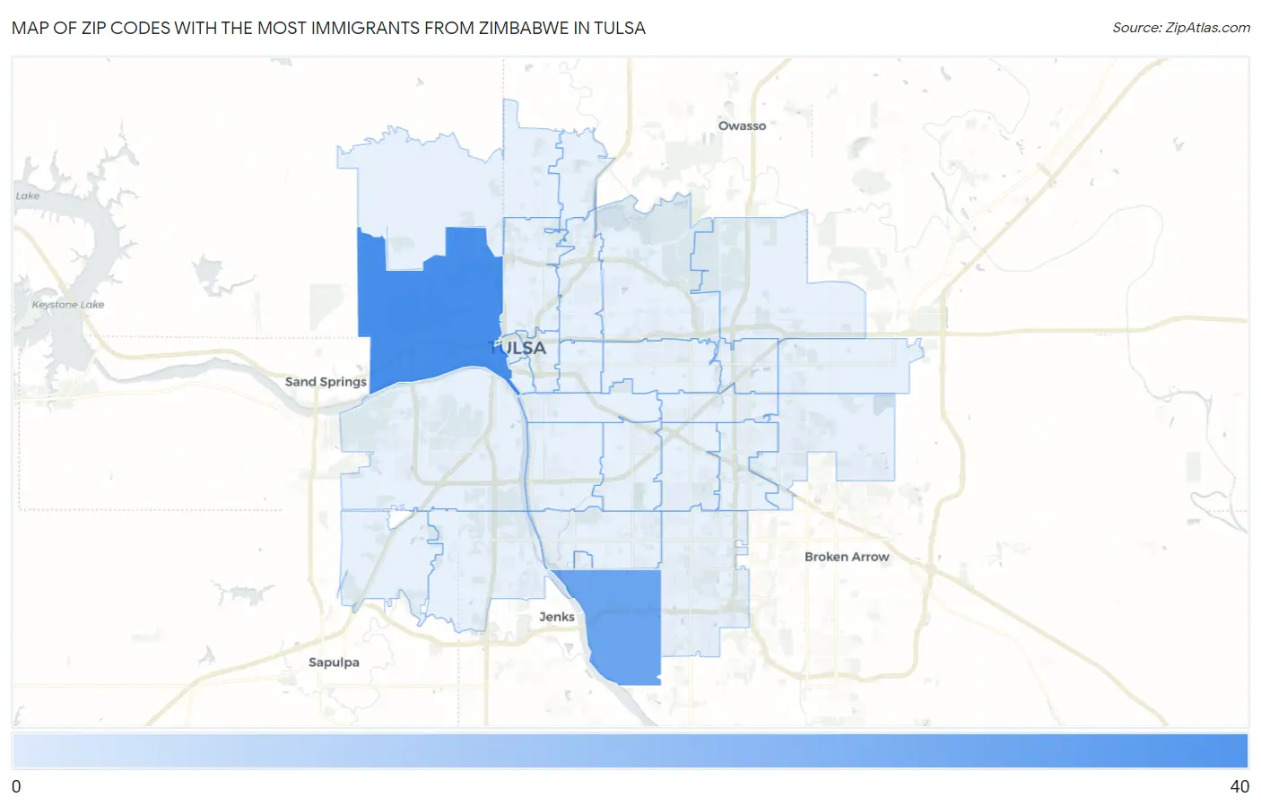 Zip Codes with the Most Immigrants from Zimbabwe in Tulsa Map
