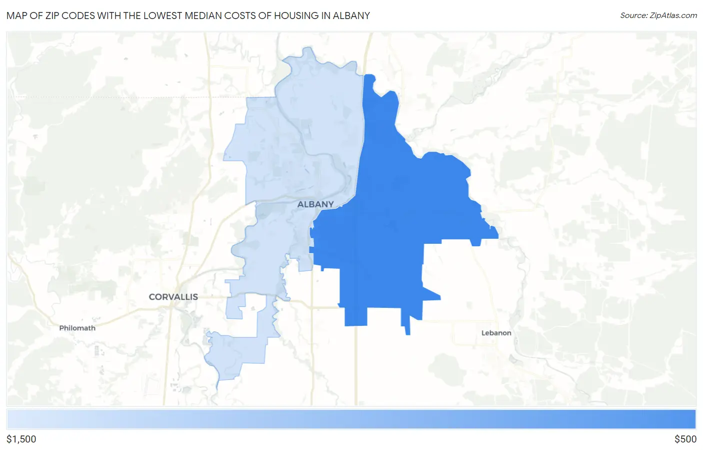 Zip Codes with the Lowest Median Costs of Housing in Albany Map