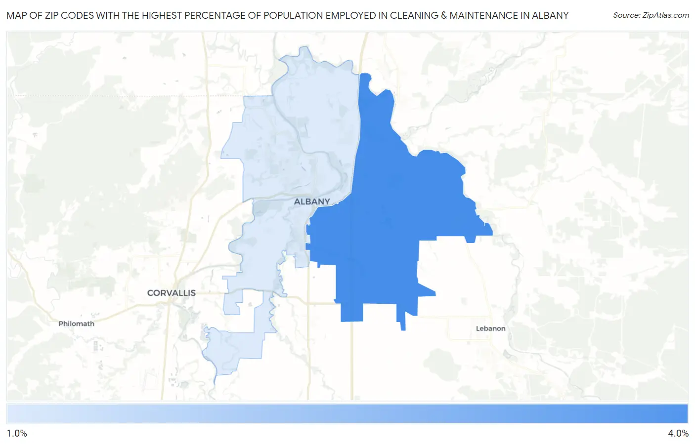 Zip Codes with the Highest Percentage of Population Employed in Cleaning & Maintenance in Albany Map
