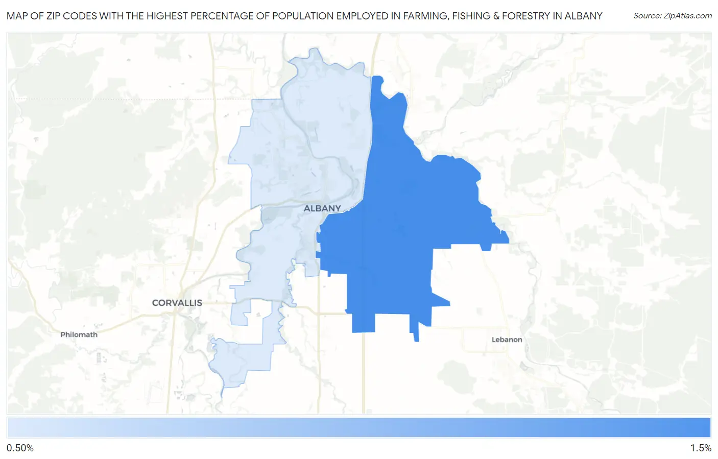 Zip Codes with the Highest Percentage of Population Employed in Farming, Fishing & Forestry in Albany Map