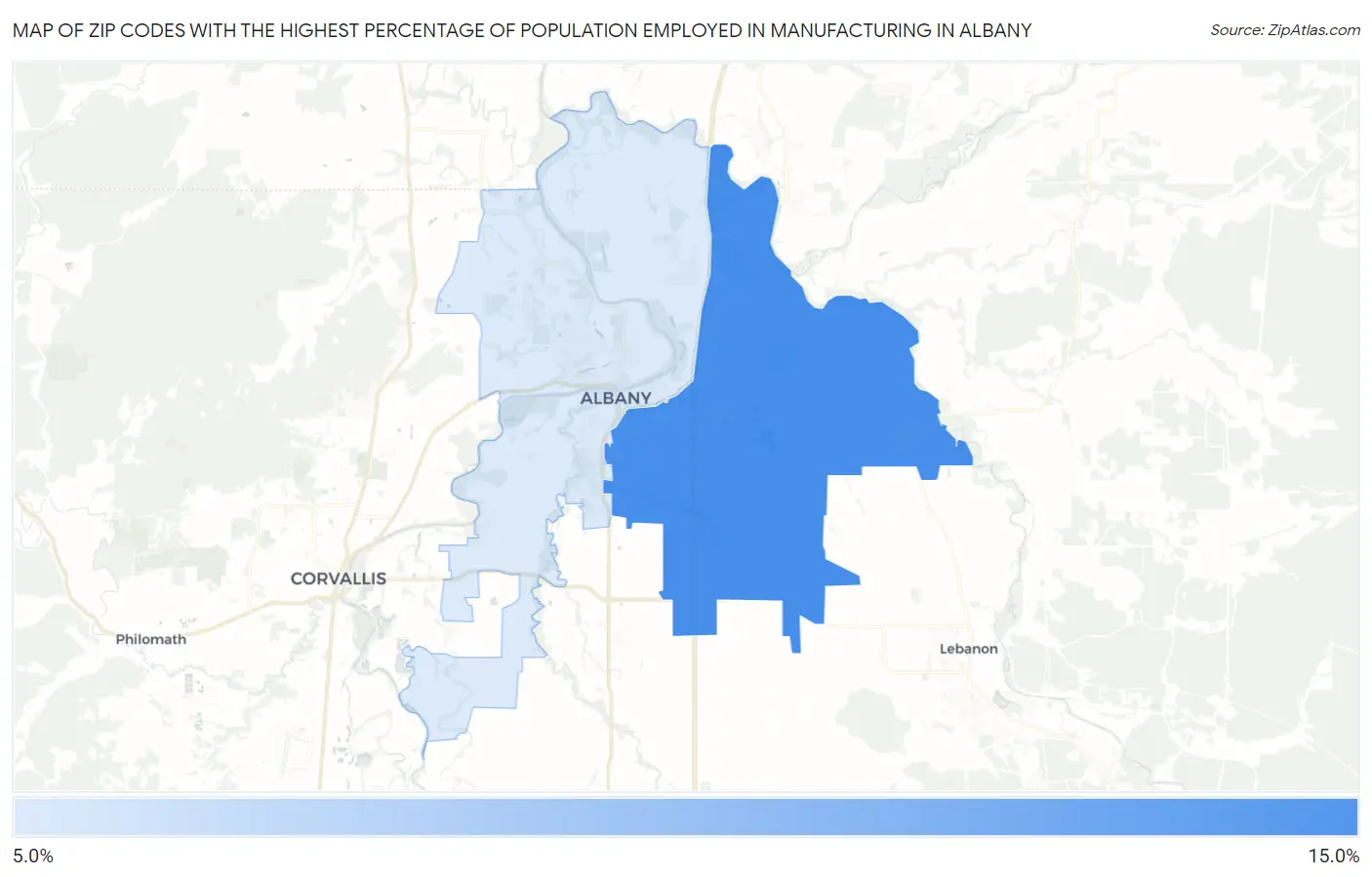 Zip Codes with the Highest Percentage of Population Employed in Manufacturing in Albany Map