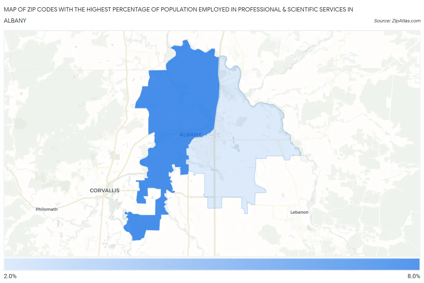 Zip Codes with the Highest Percentage of Population Employed in Professional & Scientific Services in Albany Map