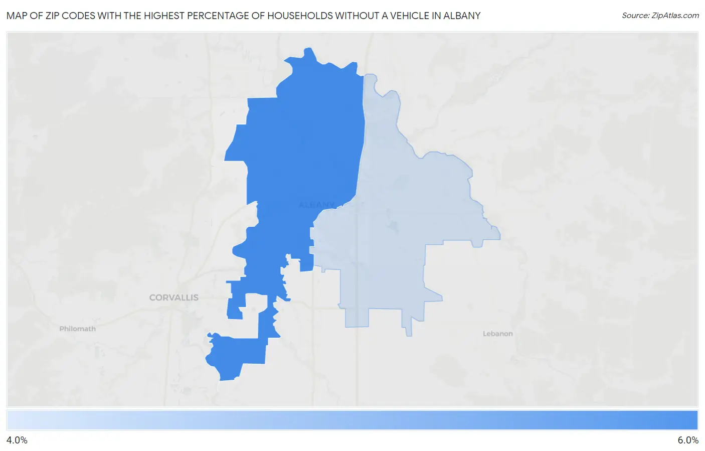 Zip Codes with the Highest Percentage of Households Without a Vehicle in Albany Map