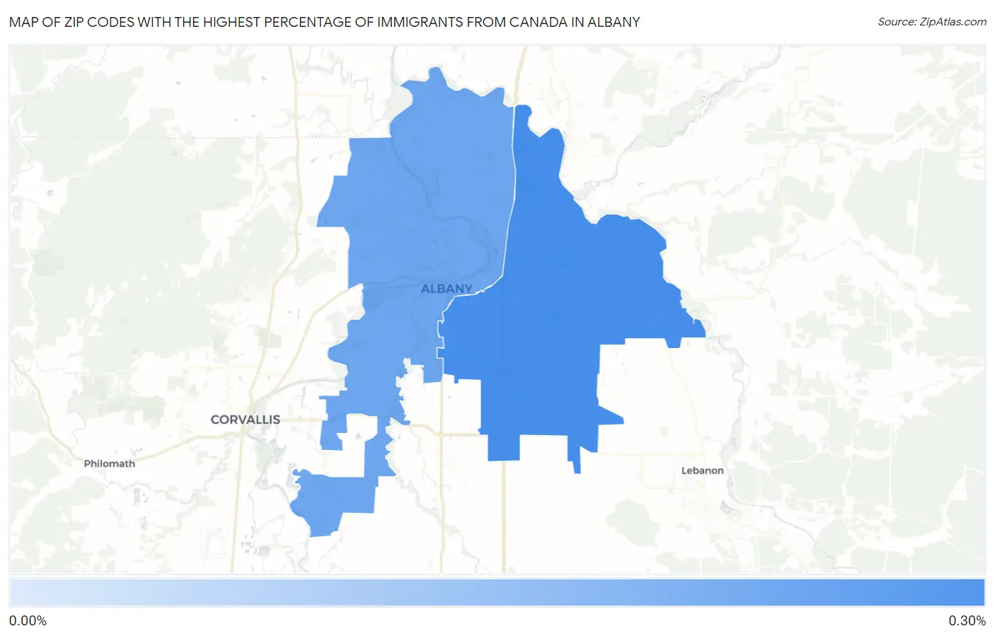 Zip Codes with the Highest Percentage of Immigrants from Canada in Albany Map