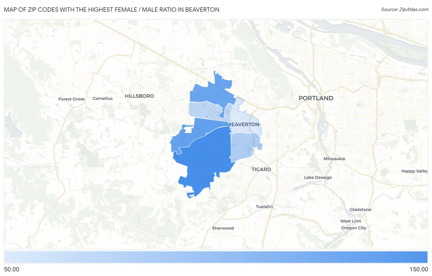 Zip Codes with the Highest Female / Male Ratio in Beaverton Map