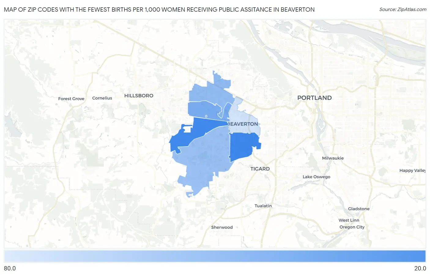 Zip Codes with the Fewest Births per 1,000 Women Receiving Public Assitance in Beaverton Map