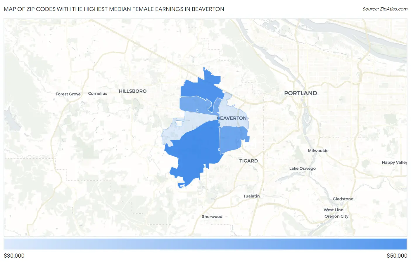 Zip Codes with the Highest Median Female Earnings in Beaverton Map
