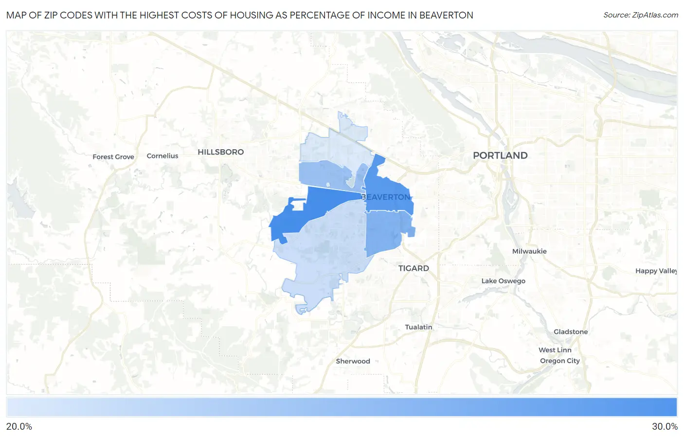 Zip Codes with the Highest Costs of Housing as Percentage of Income in Beaverton Map