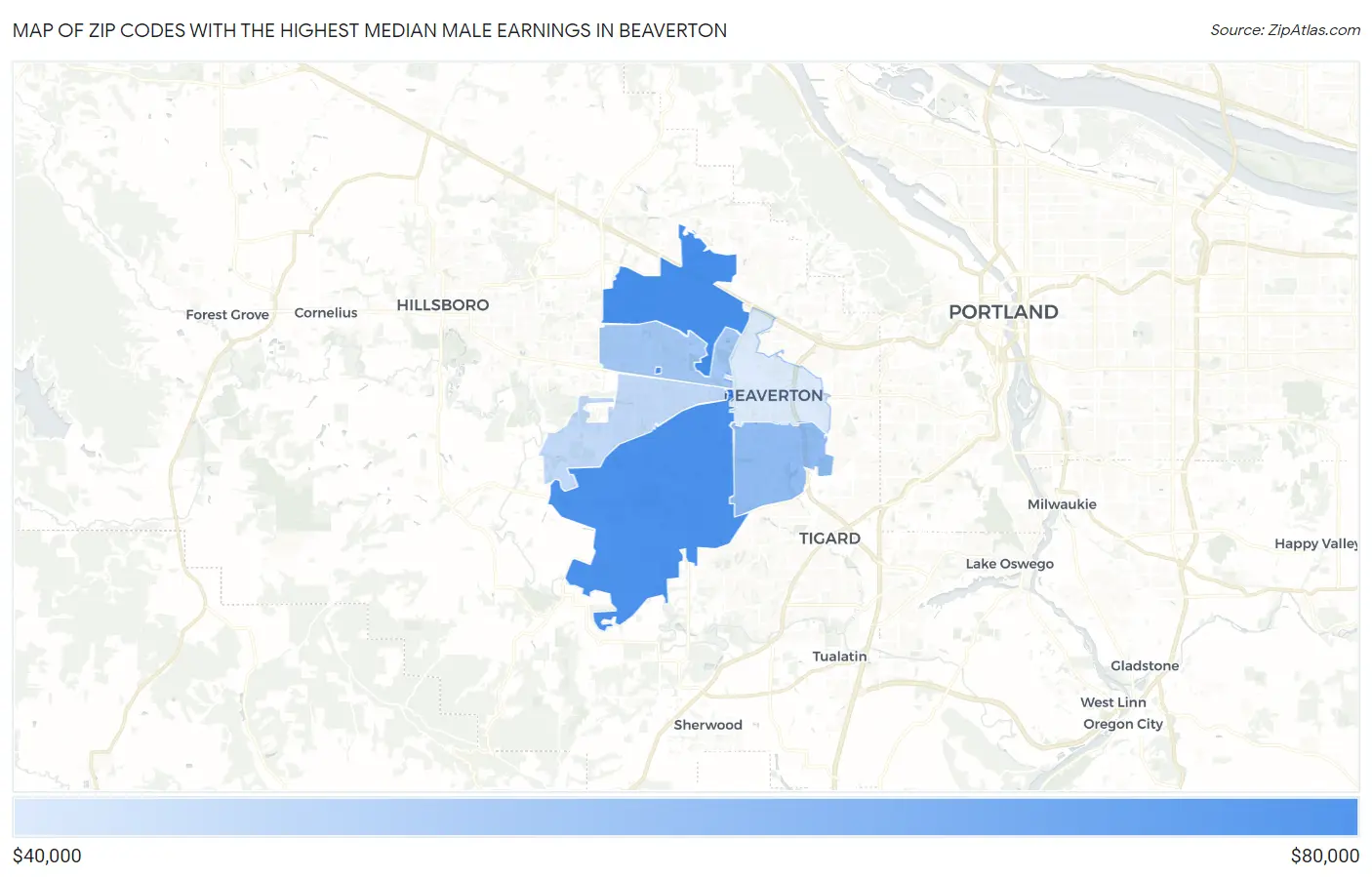 Zip Codes with the Highest Median Male Earnings in Beaverton Map