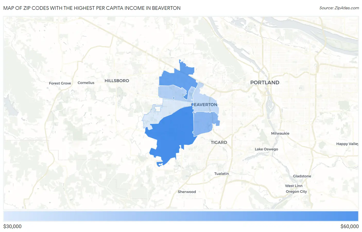 Zip Codes with the Highest Per Capita Income in Beaverton Map