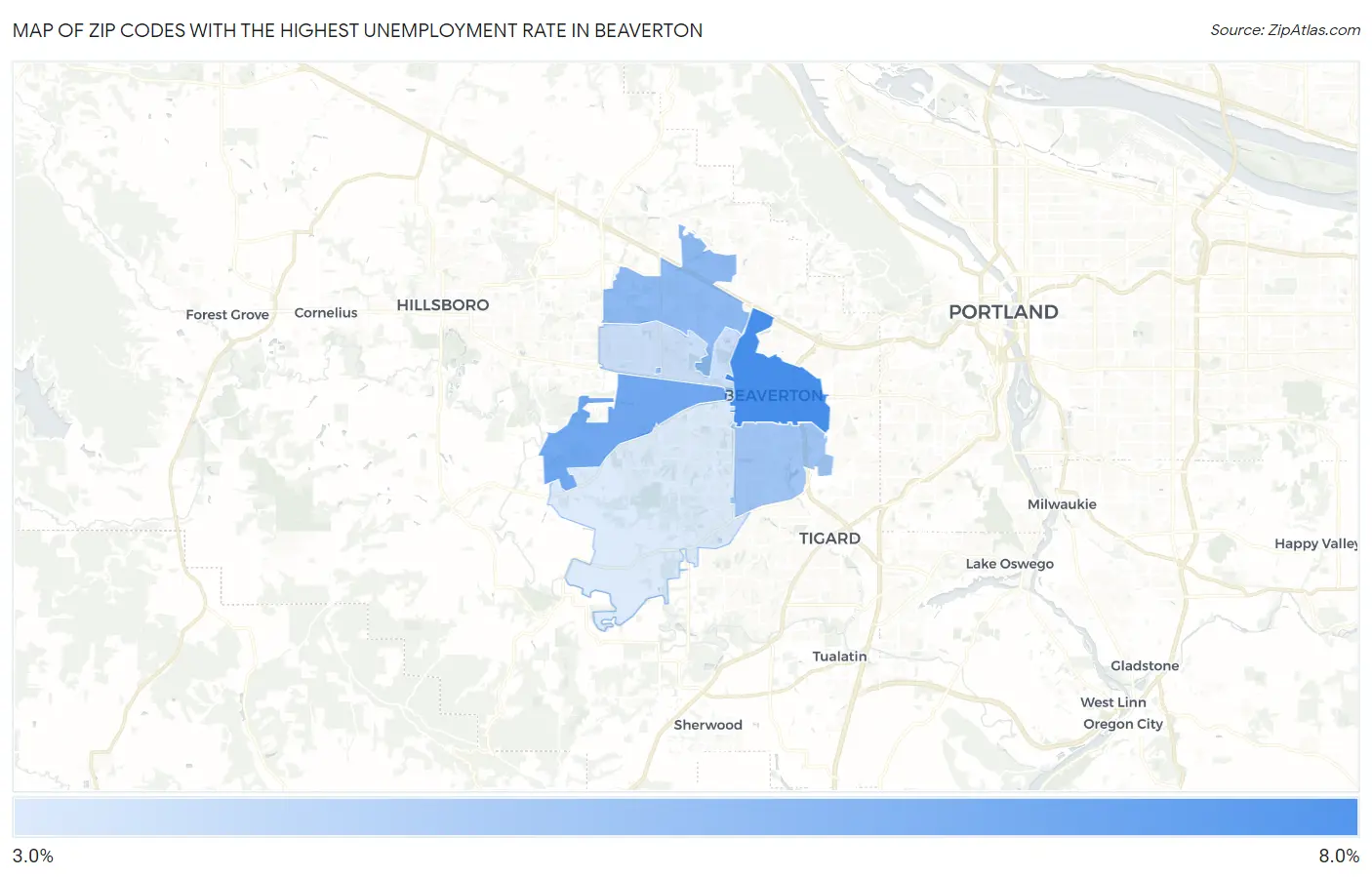 Zip Codes with the Highest Unemployment Rate in Beaverton Map
