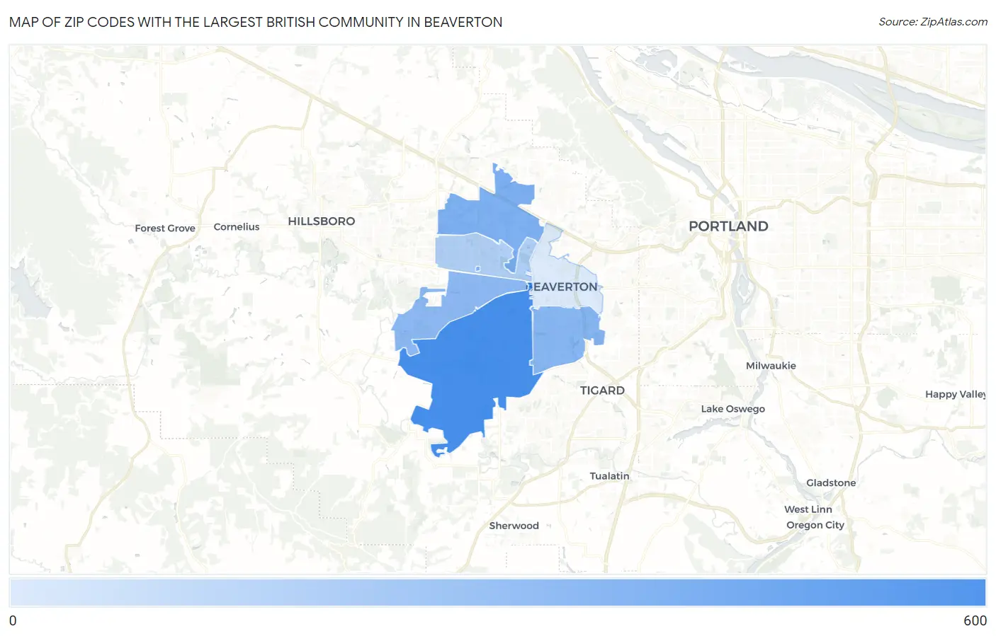 Zip Codes with the Largest British Community in Beaverton Map