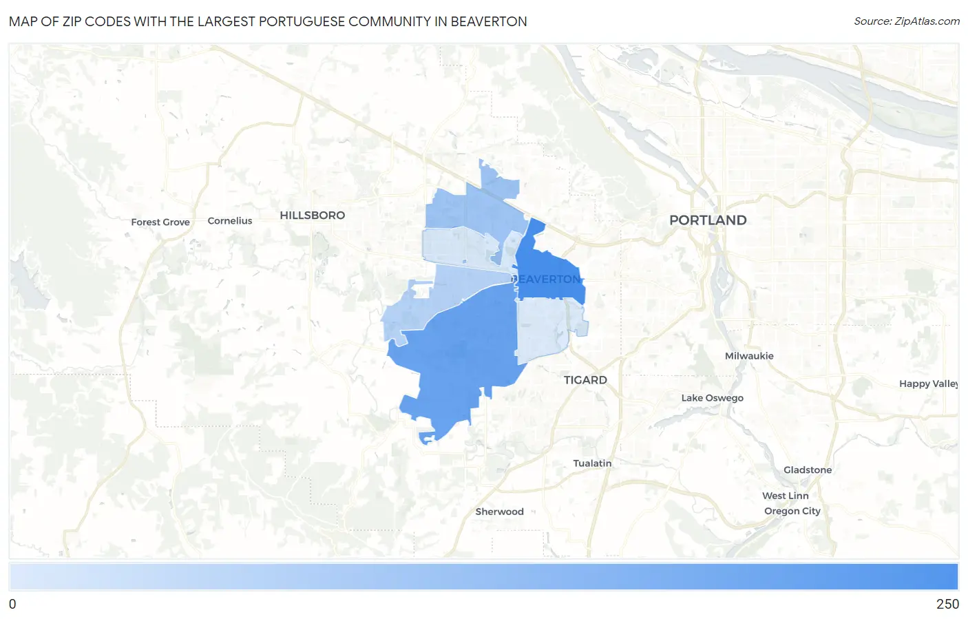 Zip Codes with the Largest Portuguese Community in Beaverton Map