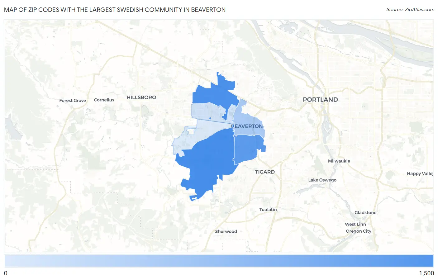 Zip Codes with the Largest Swedish Community in Beaverton Map
