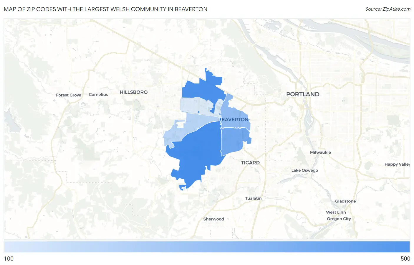 Zip Codes with the Largest Welsh Community in Beaverton Map