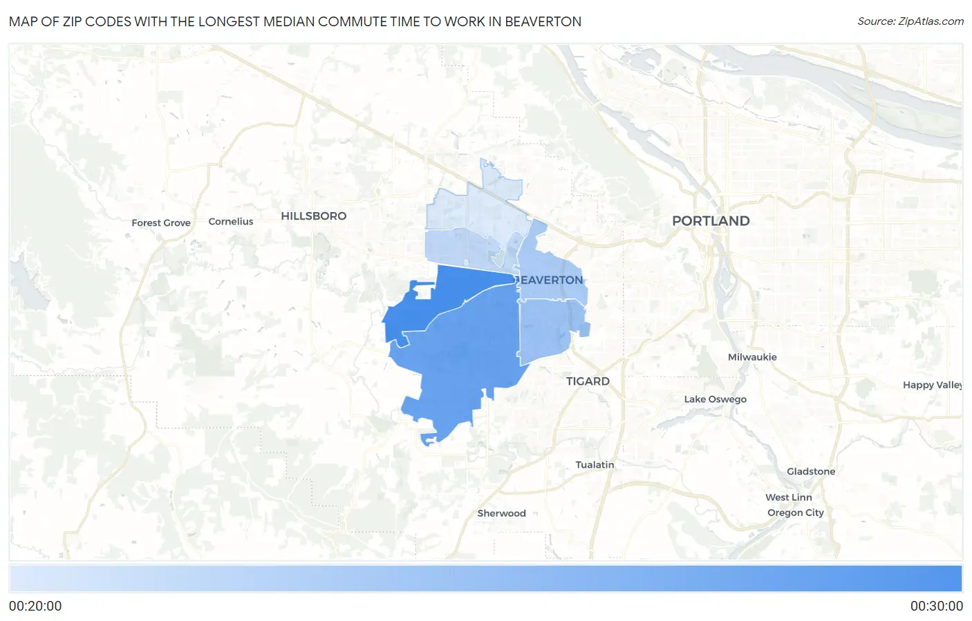 Zip Codes with the Longest Median Commute Time to Work in Beaverton Map