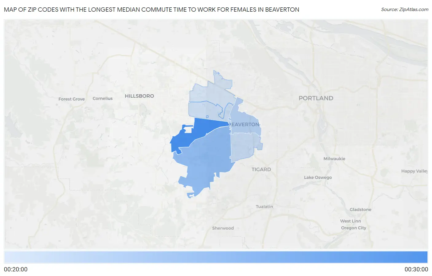 Zip Codes with the Longest Median Commute Time to Work for Females in Beaverton Map