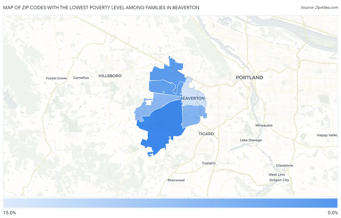 Zip Codes with the Lowest Poverty Level Among Families in Beaverton Map