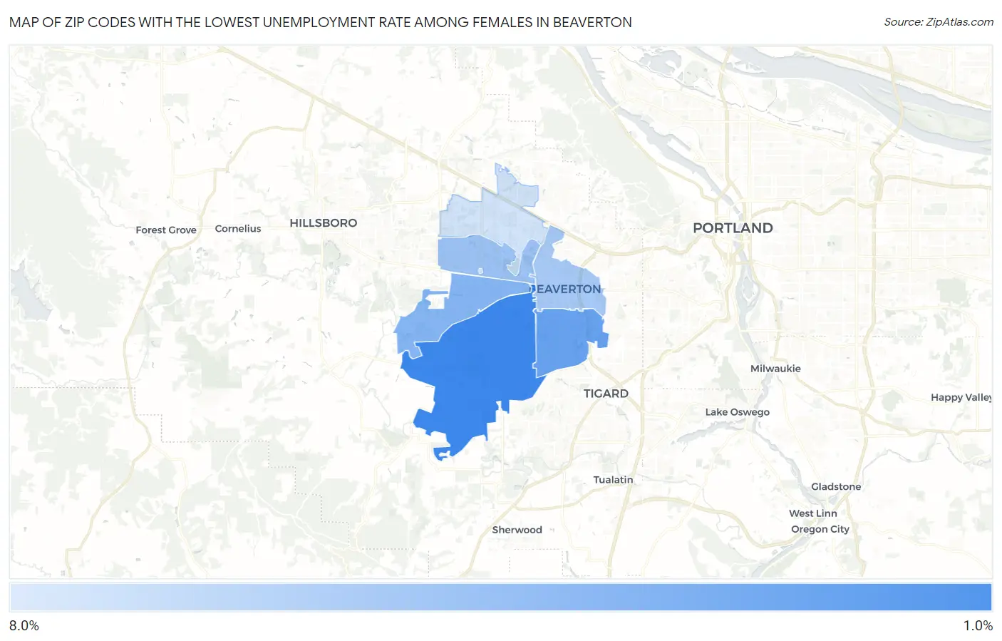 Zip Codes with the Lowest Unemployment Rate Among Females in Beaverton Map