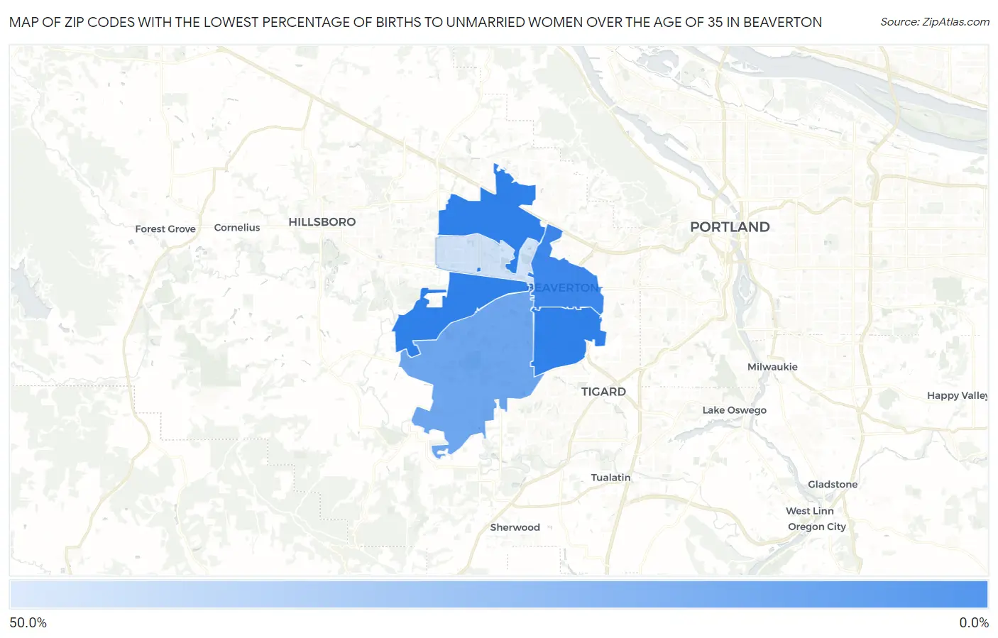 Zip Codes with the Lowest Percentage of Births to Unmarried Women over the Age of 35 in Beaverton Map