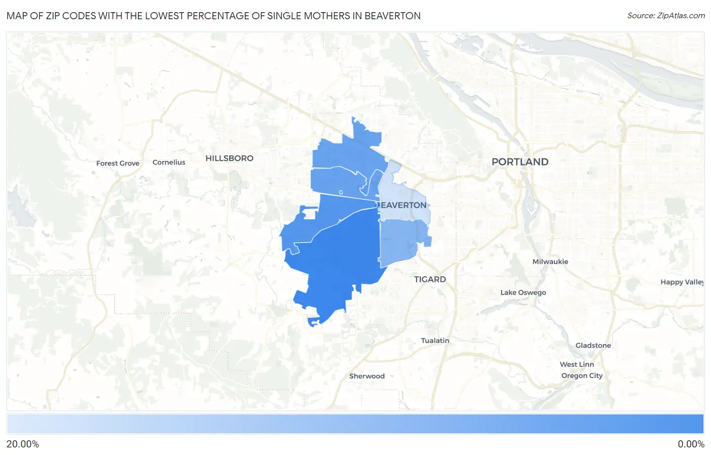Zip Codes with the Lowest Percentage of Single Mothers in Beaverton Map