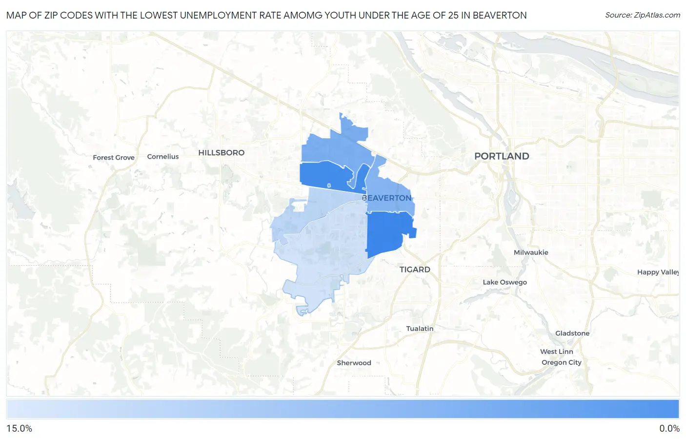 Zip Codes with the Lowest Unemployment Rate Amomg Youth Under the Age of 25 in Beaverton Map