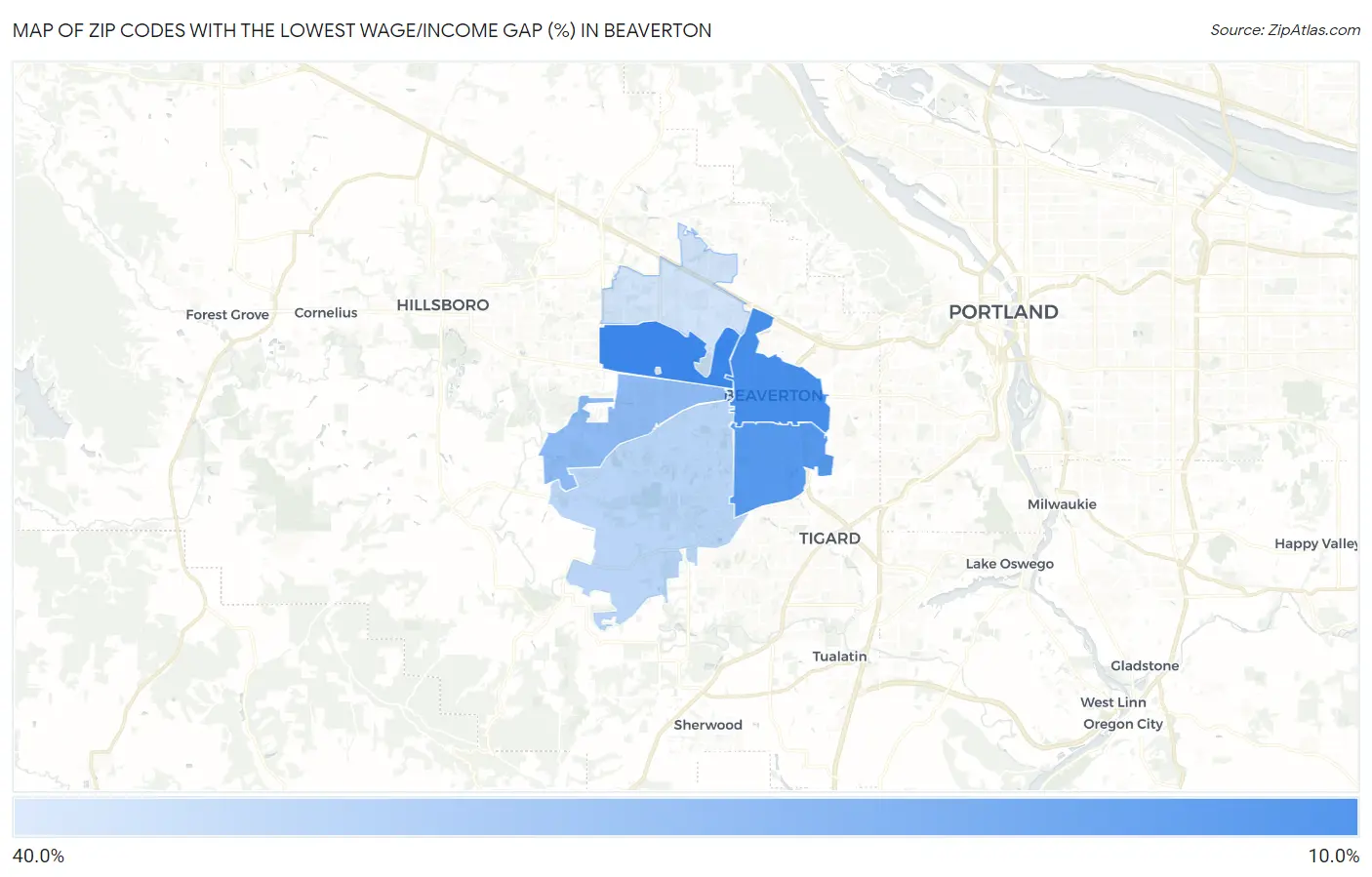 Zip Codes with the Lowest Wage/Income Gap (%) in Beaverton Map