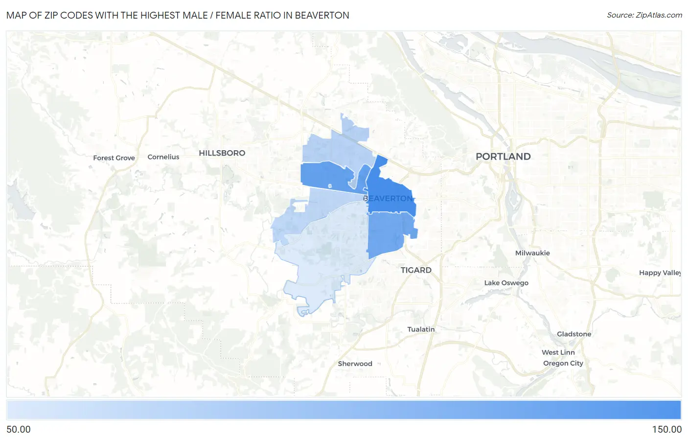 Zip Codes with the Highest Male / Female Ratio in Beaverton Map