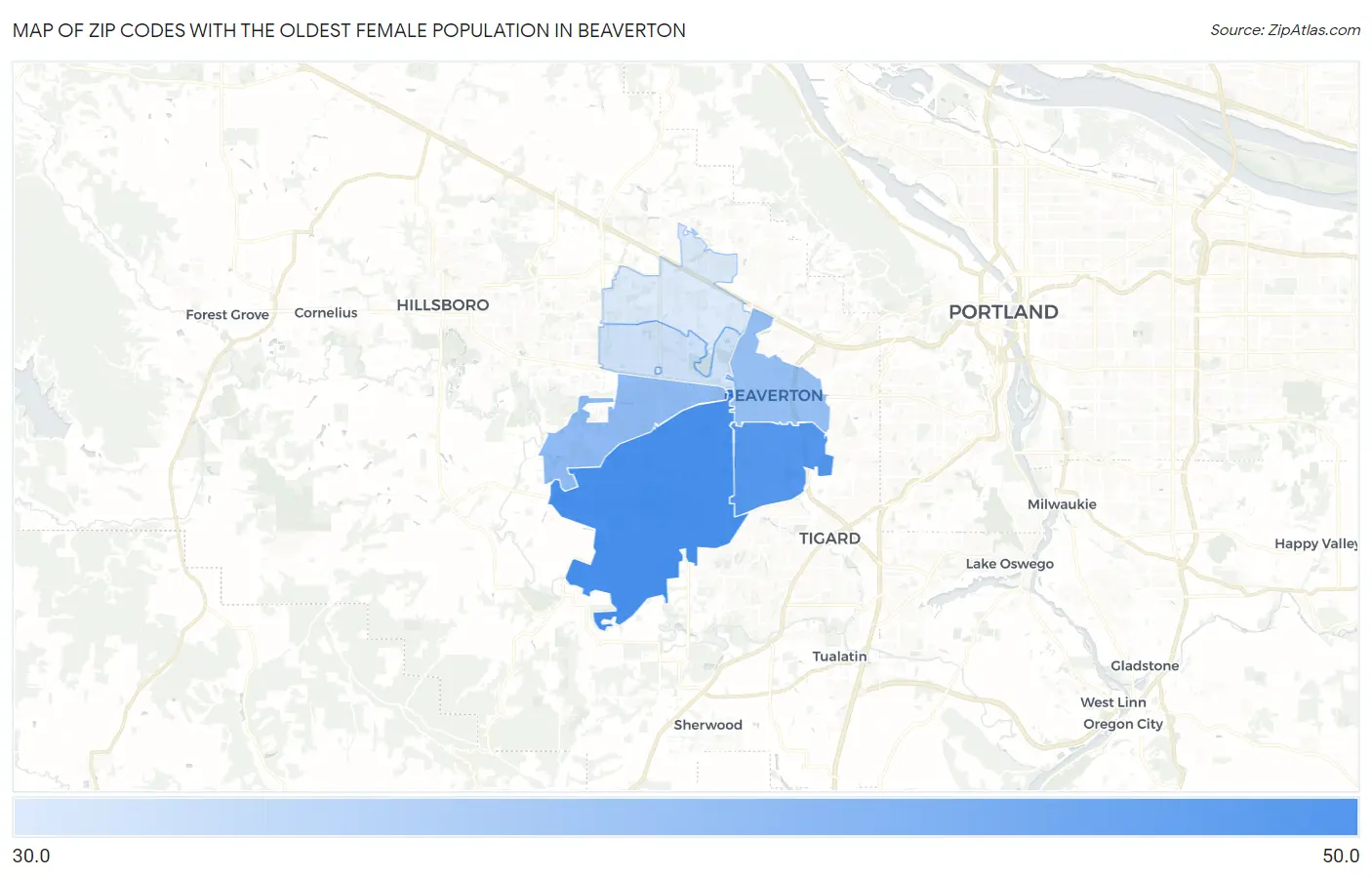 Zip Codes with the Oldest Female Population in Beaverton Map