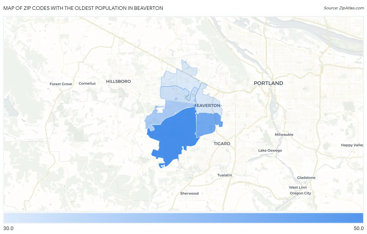 Zip Codes with the Oldest Population in Beaverton Map