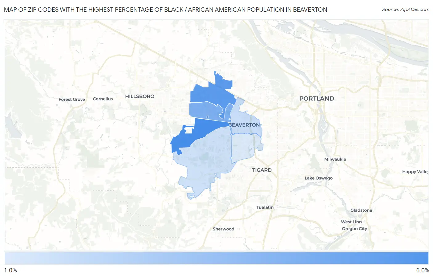 Zip Codes with the Highest Percentage of Black / African American Population in Beaverton Map