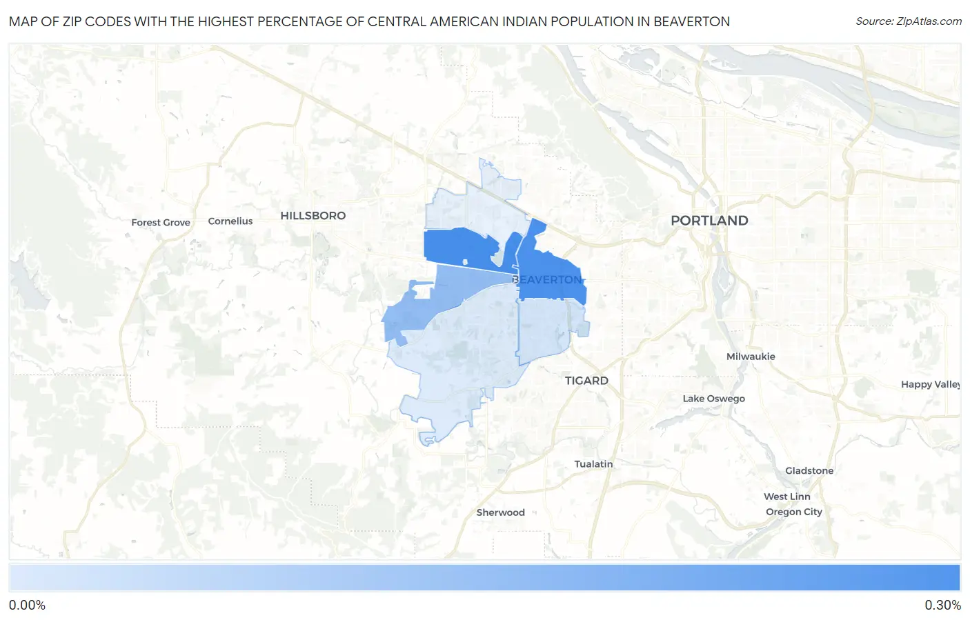 Zip Codes with the Highest Percentage of Central American Indian Population in Beaverton Map
