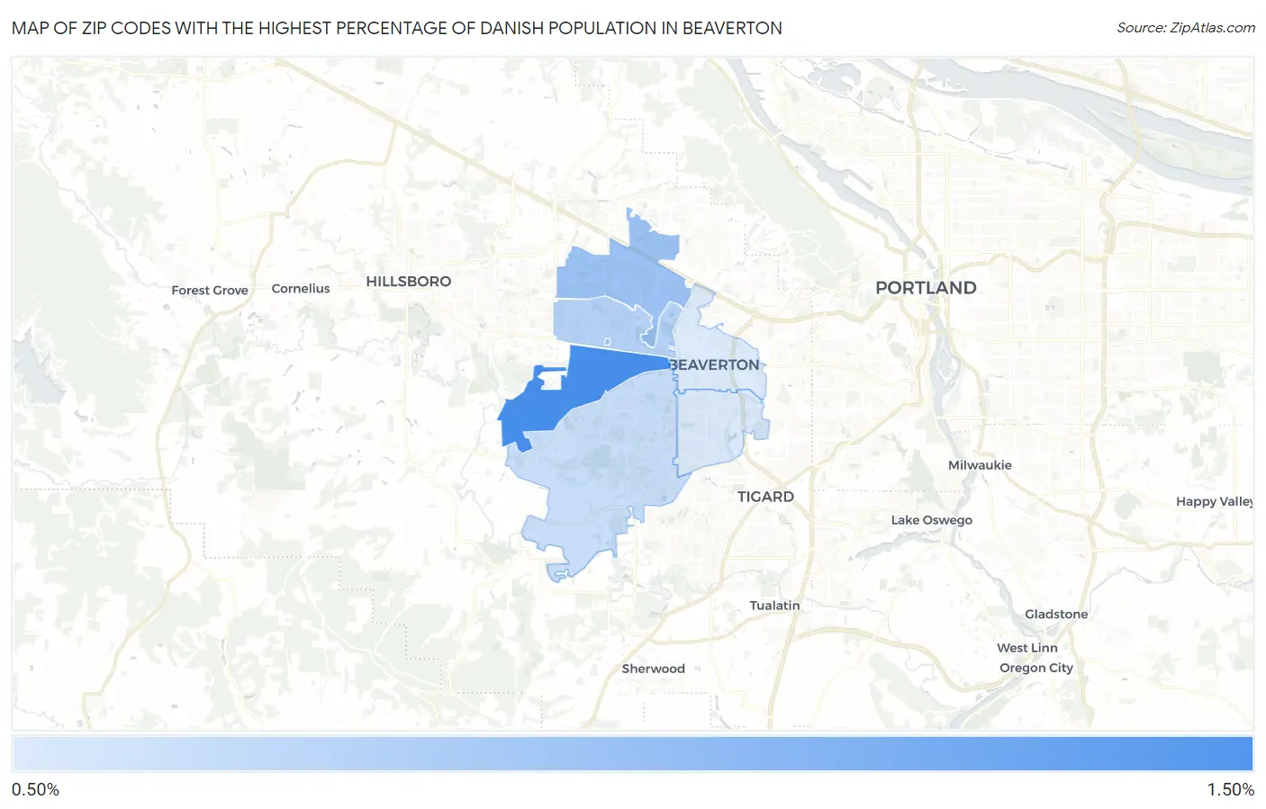 Zip Codes with the Highest Percentage of Danish Population in Beaverton Map