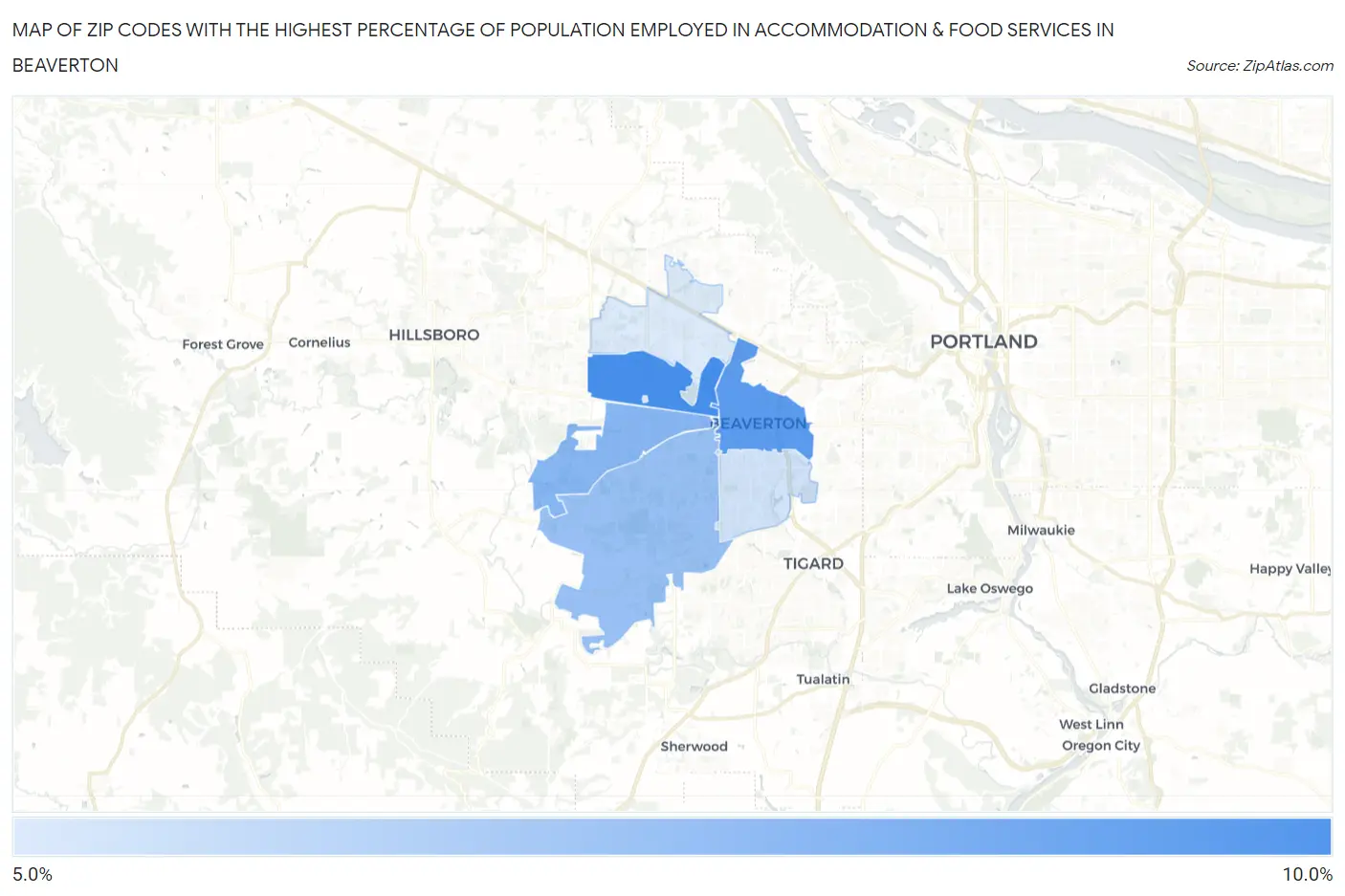 Zip Codes with the Highest Percentage of Population Employed in Accommodation & Food Services in Beaverton Map